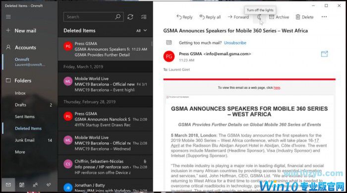 Win10 Mail Dark主题体验：仍有改善空间