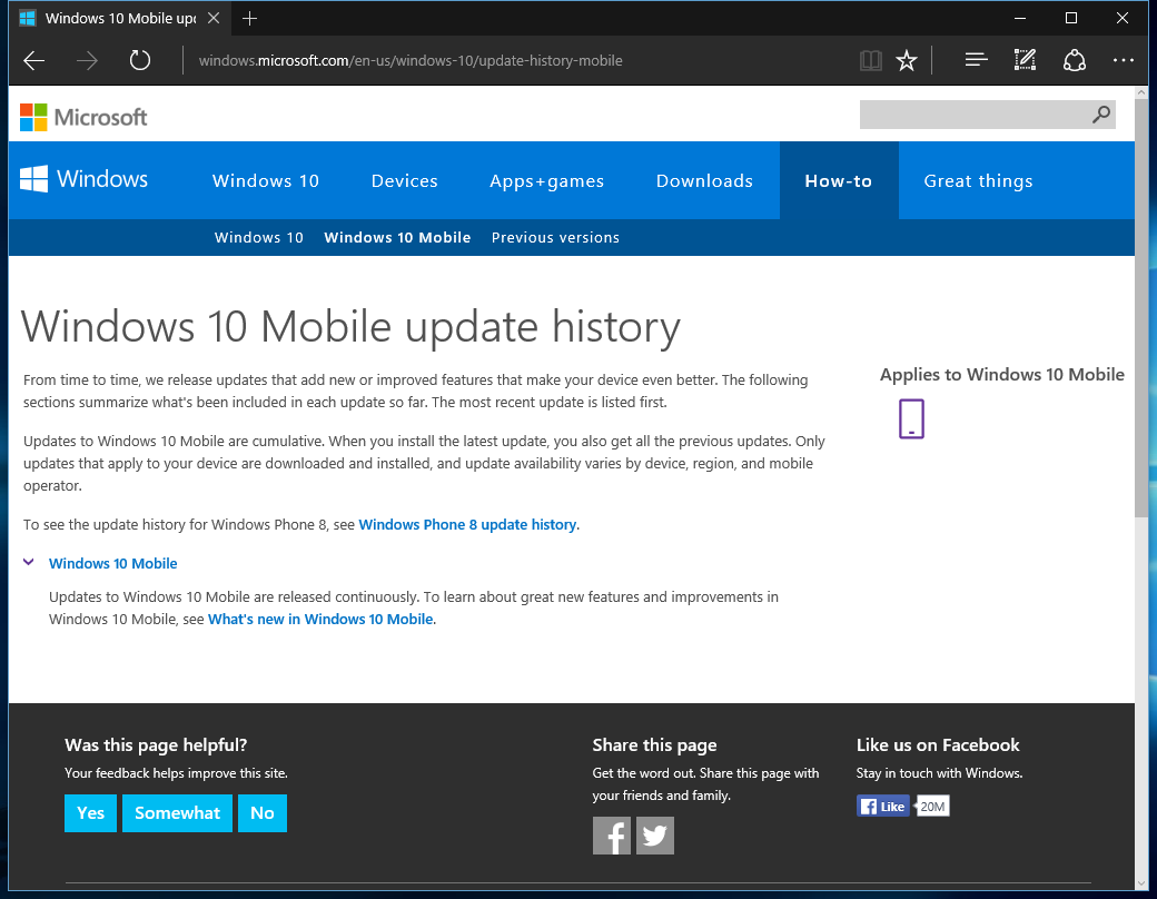 一个都不落下，微软发布Win10 Mobile更新历史页面