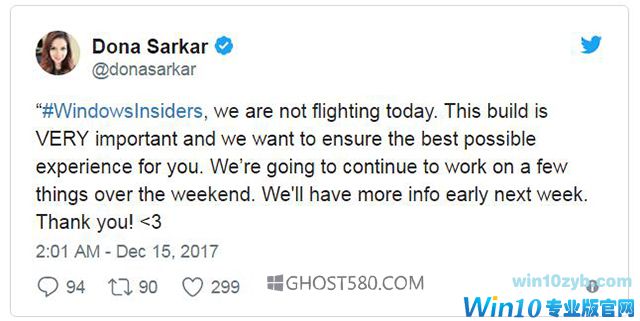 Windows Insider主管表示,本周Win10没有新的预览版本